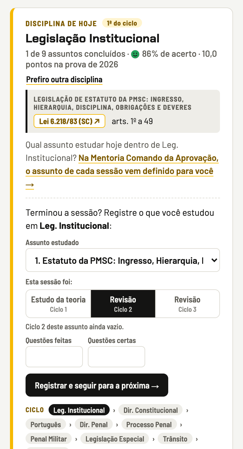 Tela do Plano mostrando a disciplina de hoje, a lei do assunto e o registro das questões